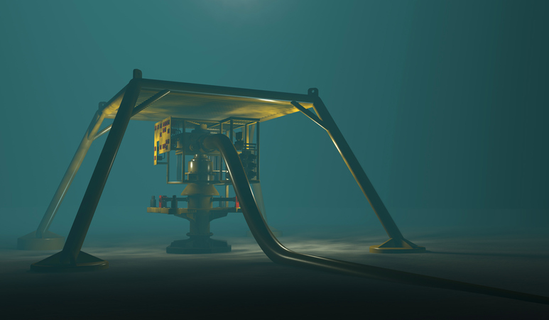 High quality 3D render of underwater oil and gas equipment protected by a steel cage structure. Fictitious protection structure, oil and gas equipment are a unique design. Murky water to emphasize depth, lens flare and blurred image for dramatic effect.